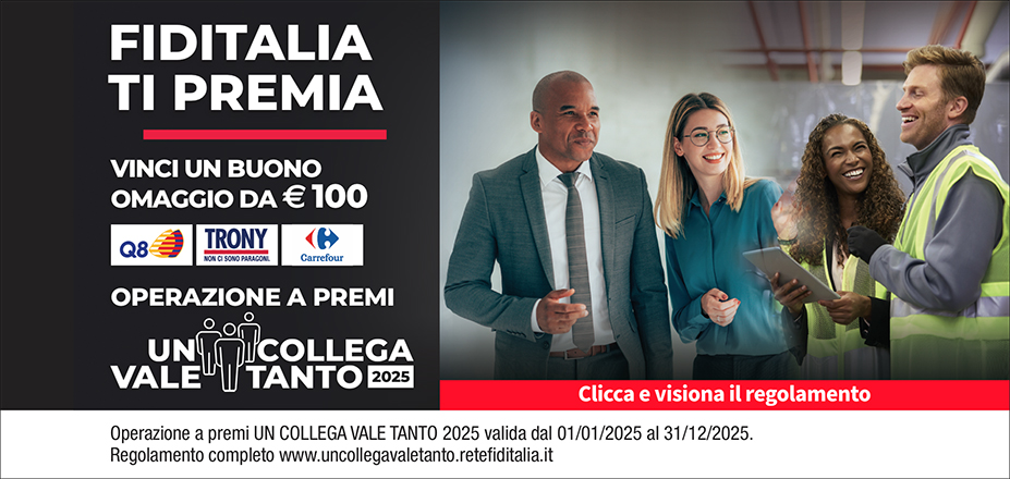 Agenzia Athena Group Fiditalia | Agrigento | Fiditalia ti premia - Vinci un buono omaggio da €100. Operazione a premi. Clicca e visiona il regolamento. Operazione a premi UN COLLEGA VALE TANTO 2025 valida dal 01/01/2025 al 31/12/2025. Regolamento completo www.uncollegavaletanto.retefiditalia.it