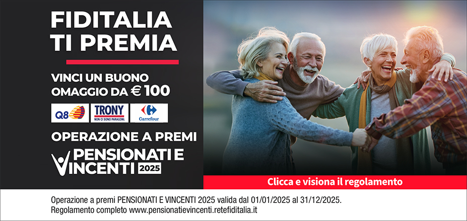 Agenzia Athena Group Fiditalia | Agrigento | Fiditalia ti premia - Vicni un omaggio da €100. Operazione a premi. Clicca e visiona il regolamento. Operazione a premi PENSIONATI E VINCENTI 2025 valida dal 01/01/2025 al 31/12/2025. Regolamento completo www.pensionatievincenti.retefiditalia.it